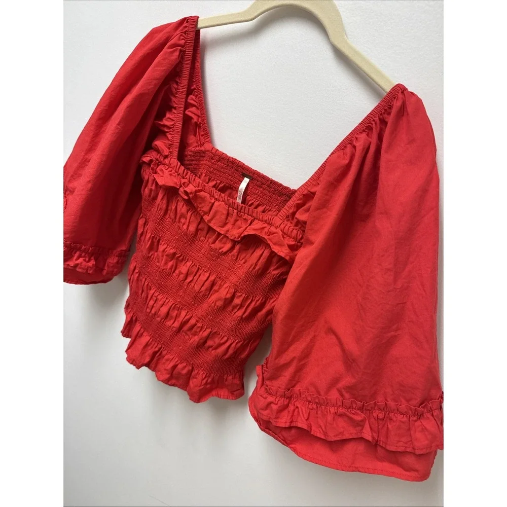 Free People‎ Red Smocked Ruffle Bell Sleeve Crop Top Square Neck XS - Picture 2 of 7